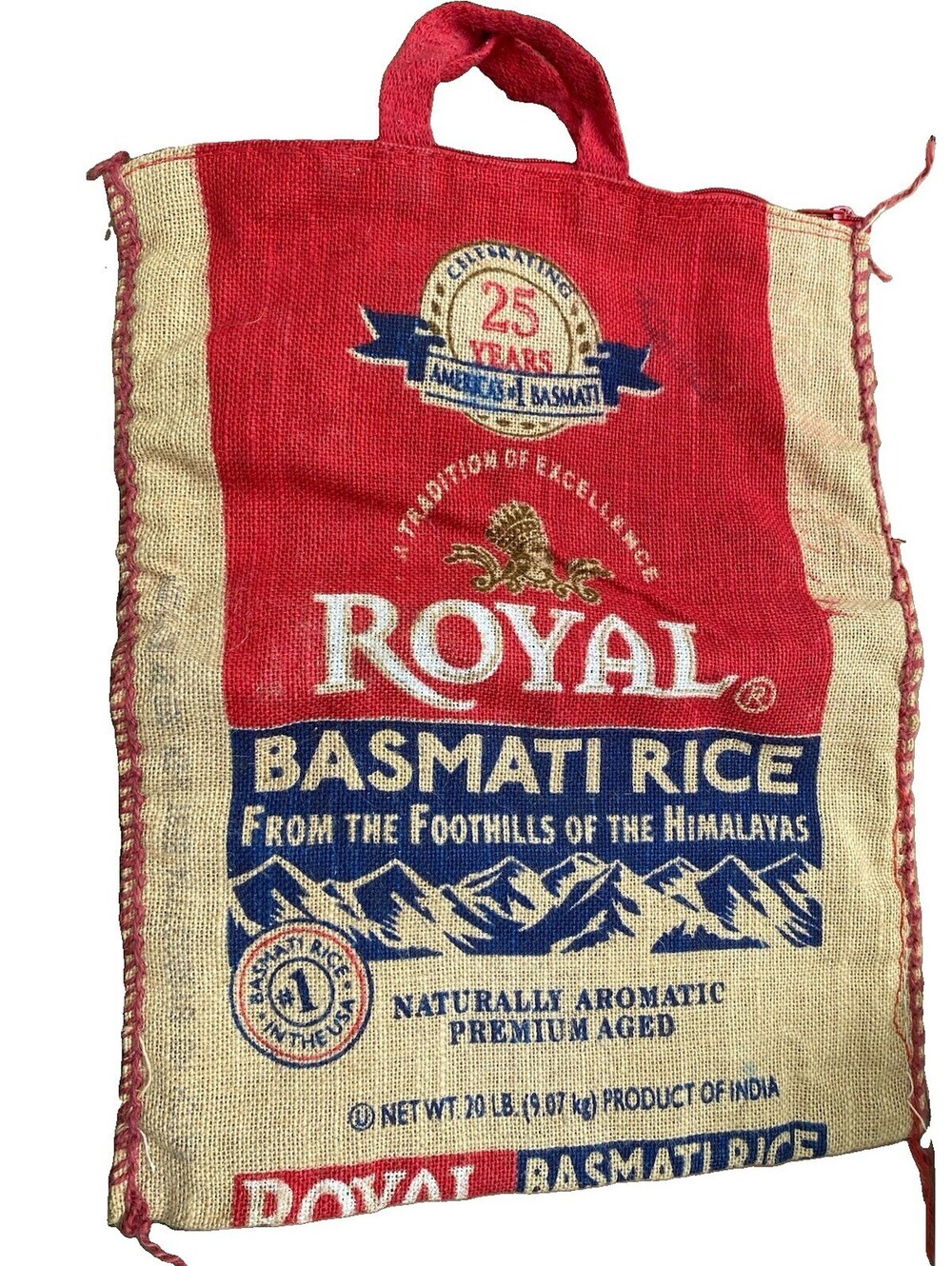 Royal Basmati Empty Rice Bag Burlap Sack Craft Carrying Tote Bag Zipper Handles